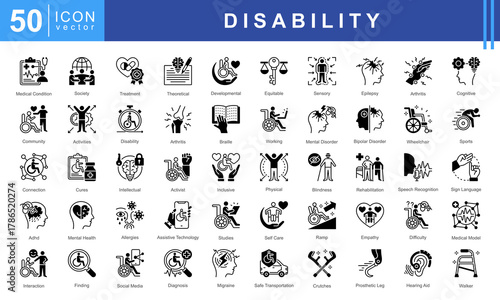 Disability icon set featuring medical condition, treatment, rehabilitation, mental health, assistive technology and sign language. Perfect for inclusion, awareness, and healthcare projects.