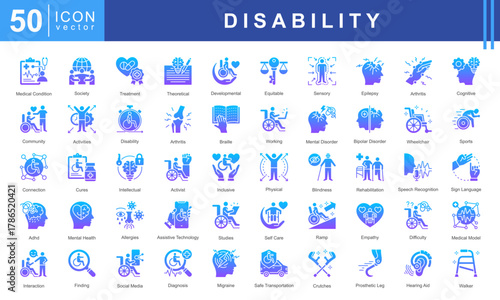 Disability icon set featuring medical condition, treatment, rehabilitation, mental health, assistive technology and sign language. Perfect for inclusion, awareness, and healthcare projects.