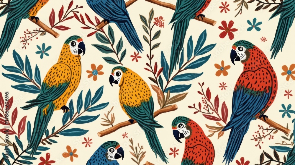 Fototapeta premium Exotic abstract hand drawn pattern with parrots. Colorful dynamic contemporary seamless pattern. 