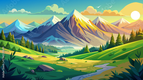 Very beautiful summer mountains featuring lush green slopes, bright clear sky, warm sunlight, and a realistic serene alpine landscape with vibrant natural colors.
