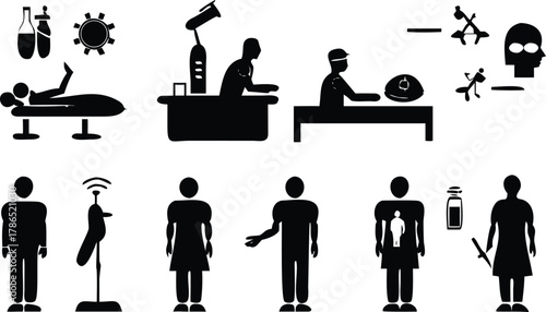 Collection of black silhouette icons related to healthcare and technology Keywords: healthcare
