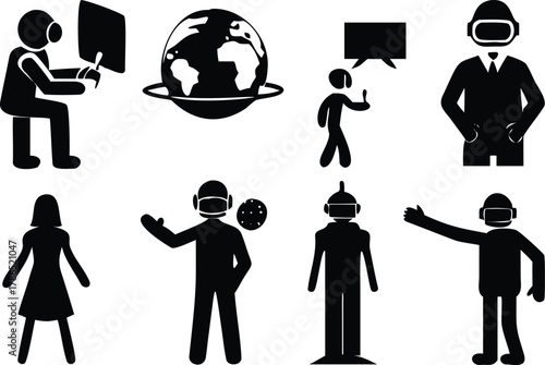 Collection of diverse stick figure icons with technology and VR elements