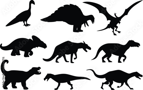Collection of black silhouettes of various dinosaurs on a white background