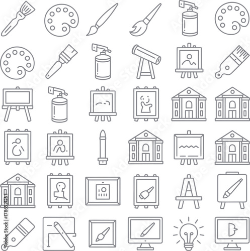 Art, creativity, painting, drawing, museum, gallery linear icons