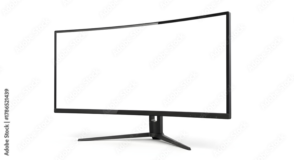 Naklejka premium Modern curved computer monitor with a blank white screen on a black stand isolated on a white background