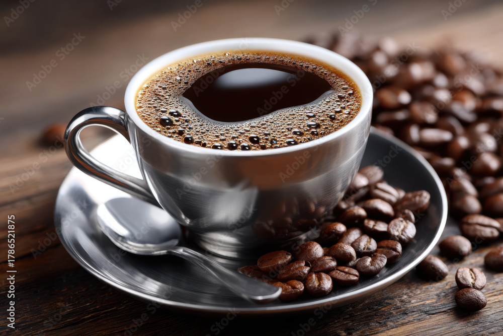 Fototapeta premium Freshly Brewed Coffee with Coffee Beans on Rustic Wood