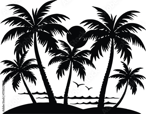 Coconut Palms Along Beach Silhouette, Tropical Beach with Coconut Trees Art