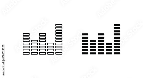 Two graphic equalizer icons, one in outline style and the other solid, showing audio frequency levels on a white background.