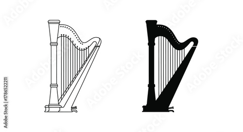Two harps, one outlined in black and white and the other a solid black silhouette, are shown side-by-side against a white background.