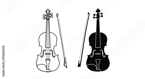 Two violins with bows, one outlined and one solid black silhouette, on a white background.