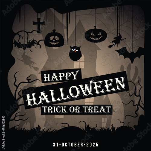 happy halloween party invitation with haunted house and pumpkins , spooky night zombie graveyard glowing pumpkin background , dark silhouette hanging decor and witch vector design , october 31st trick