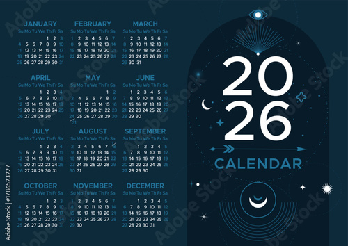 Blue calendar with celestial elements: all-seeing eye, sun, moon. Horizontal A4 calendar for 2026. Vector calendar for 2026.