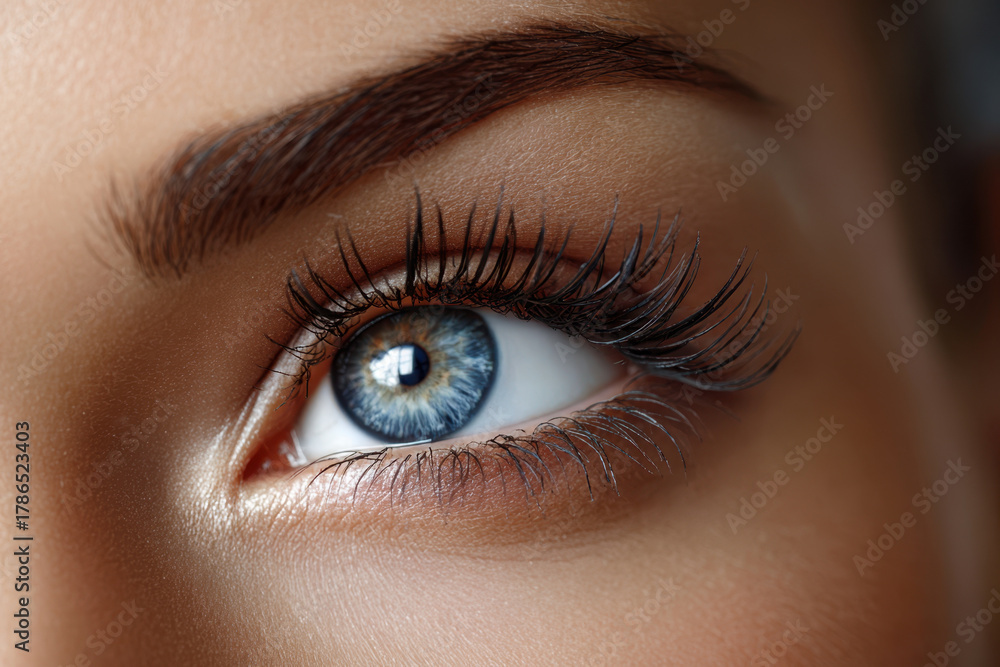Fototapeta premium Close up of a womans blue eye with long lashes