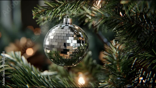 Silver mirrored disco ball on christmas tree, festive holiday decoration concept