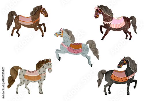 Whimsical watercolor horses set in soft earthy tones. Charming hand-painted ponies, perfect for nursery decor, kids prints, fabrics, cards, and gentle fairytale illustrations.