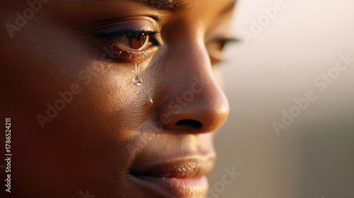 Close-up teardrop on cheek ...