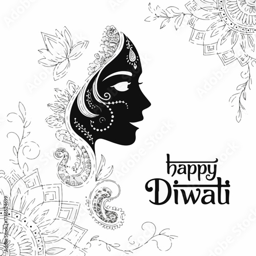 PrVector Illustration of Female Profile with Mehndi and Paisley Ornamentsint