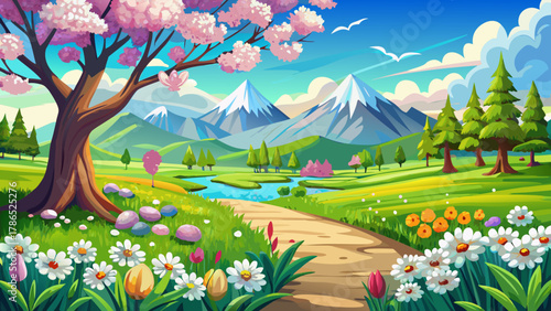Very beautiful spring landscape panorama with a meadow full of flowering blossoms, fresh green grass, gentle sunlight, and a realistic vibrant seasonal nature scene.