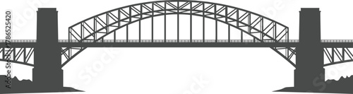 Majestic Truss Arch Bridge Silhouette with Twin Towers Spanning Rugged Terrain at Dusk – Engineering Elegance Meets Natural Grandeur