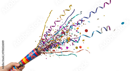 Excitedly celebrate joyous moments with a burst of vibrant confetti streamers exploding from a party popper held by hand