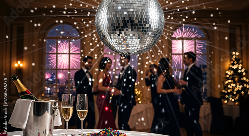 Disco ball shining sparkling mirror ball casting light rays over elegant New Year party, couples dancing near windows with fireworks, champagne flutes and bucket on table, glamorous celebration