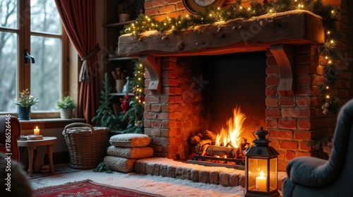 Rustic chimney corner with holly garland beside glowing lantern snowy hearth