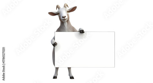 Charming goat proudly presents a blank sign for your custom messages and announcements, creating a whimsical and engaging visual.