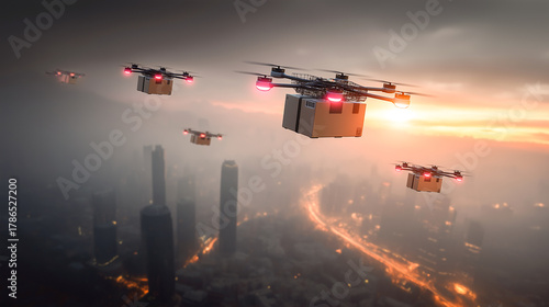 drone swarm flying above city for delivery