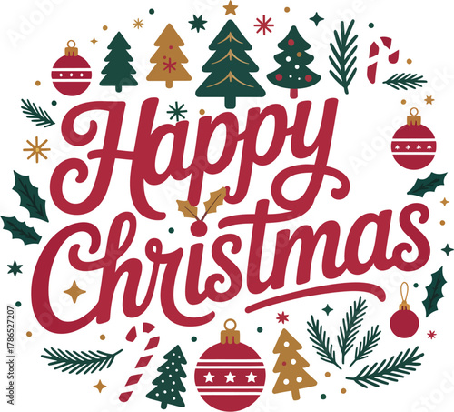 A festive circular design proclaims "Happy Christmas" with holiday icons.