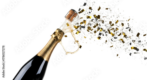 Dynamic champagne bottle explosion with gold confetti and bubbly splash captures the essence of celebration and joyful moments.