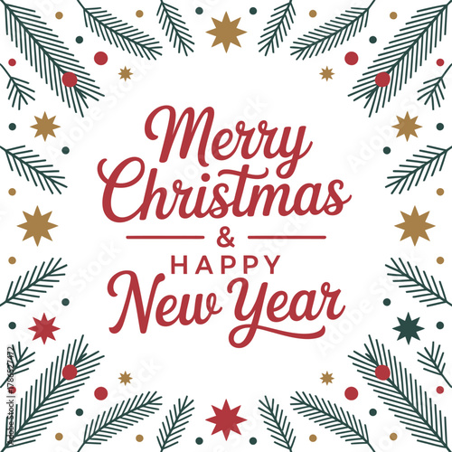 Merry Christmas and Happy New Year greeting card with festive evergreen branches and stars