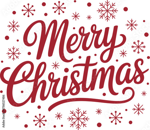A festive red 'Merry Christmas' greeting is decorated with snowflakes and dots.