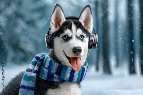 Happy husky wearing headphones enjoys music in a snowy forest during winter afternoon
