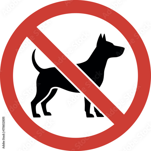 A red circular sign with a diagonal line indicating that dogs are prohibited.