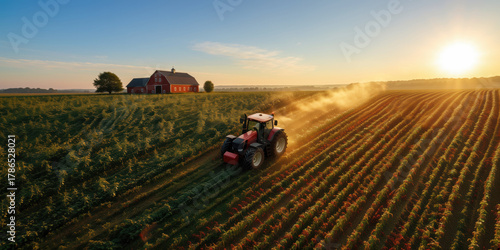 Tractor working dusty crop rows at golden hour sunset