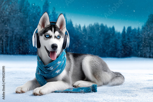 Happy husky puppy relaxing in a snowy forest while wearing headphones and a cozy scarf