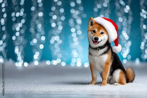 Joyful shiba inu in a santa hat enjoying the festive season with sparkling lights in the background