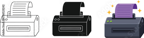 Set of receipt printer icons: outline, solid fill, and modern flat design with sparkling purple paper for business transactions and pos systems