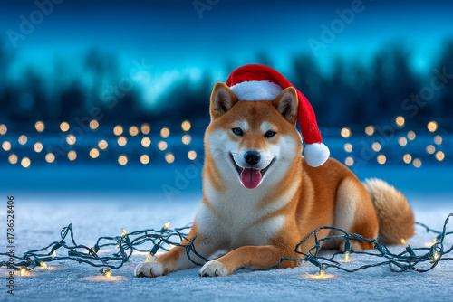 Festive dog wearing a Santa hat surrounded by twinkling lights on a snowy evening in winter wonderland