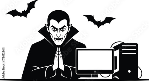 Vampire character with hands clasped, sitting at a computer with monitor and desktop tower, accompanied by flying bats, cartoon illustration.