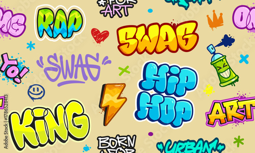 Trendy Street Art Background with Graffiti tags and doodle words on fashion seamles patern - editable vector template for print fabric and street wear apparel design