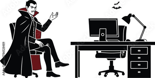 Vampire in office chair gesturing at empty desk with computer and flying bats. halloween professional concept, spooky workplace, cartoon illustration.