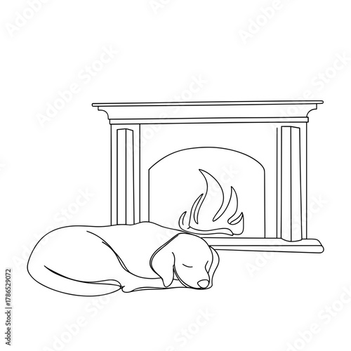 Dog sleeping peacefully by the fireplace in a cozy interior  