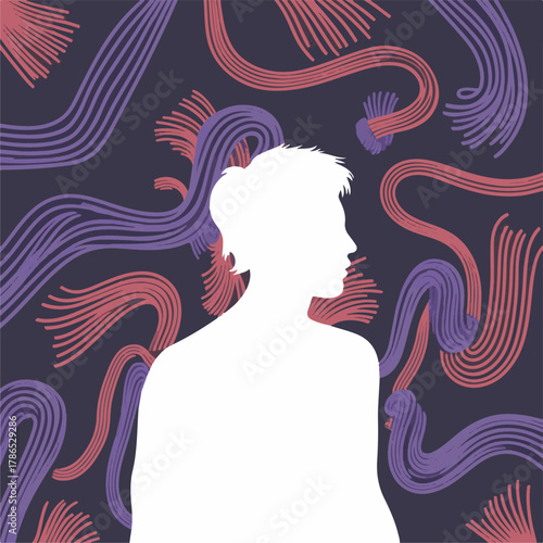 PriConceptual Portrait with Curly Hair and Wavy Pattern Backgroundnt