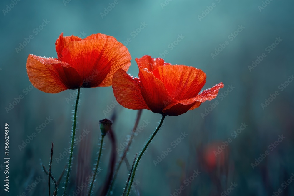 Obraz premium Bright red flowers with droplets in a serene green background evoke freshness and tranquility, perfect for nature and floral enthusiasts seeking romantic compositions