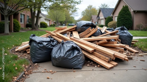 Square view of construction debris and rubbish bags on driveway, suburban homes in back, showing renovation cleanup.
