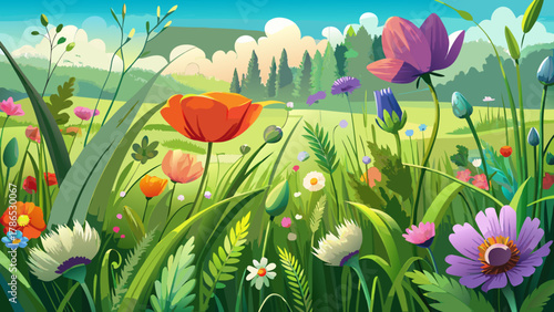 Very beautiful close-up horizontal panorama of wild flowers and grass, featuring delicate petals, soft natural light, rich green textures, and a realistic vibrant nature scene.