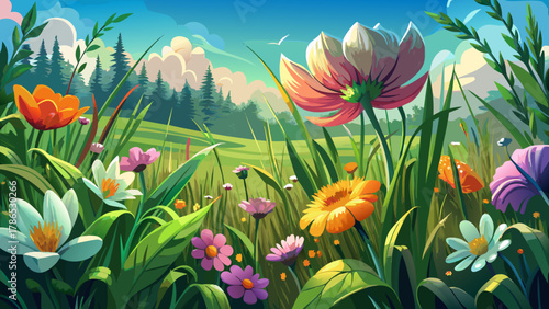 Very beautiful close-up horizontal panorama of wild flowers and grass, featuring delicate petals, soft natural light, rich green textures, and a realistic vibrant nature scene.