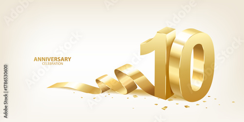10th Anniversary celebration background. 3D Golden numbers with ribbon and confetti.