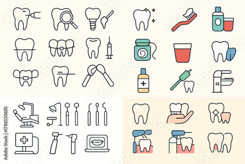 Dental Care Line Icons – Tooth Treatment and Oral Hygiene Tools